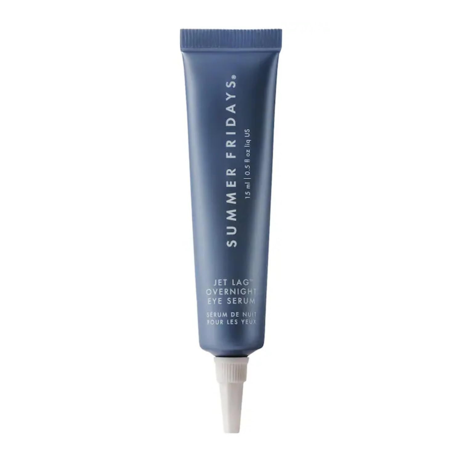 Summer Fridays Jet Lag Overnight Eye Serum bottle demonstrates under-eye hydration and smoothing.