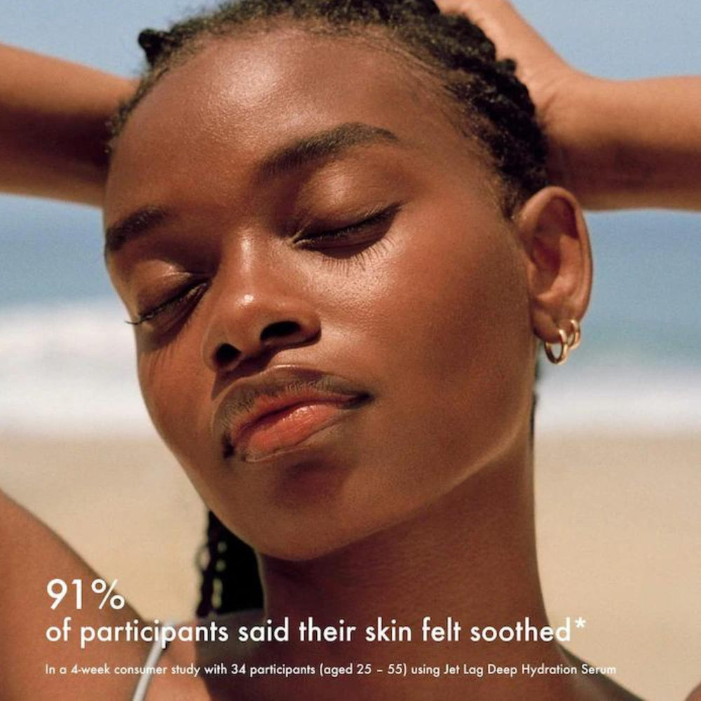 Jet Lag Serum with aloe and arnica imagery for soothing comfort