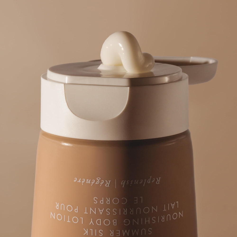 Summer Fridays Summer Silk Nourishing Body Lotion cocoa butter close-up showing rich softness.