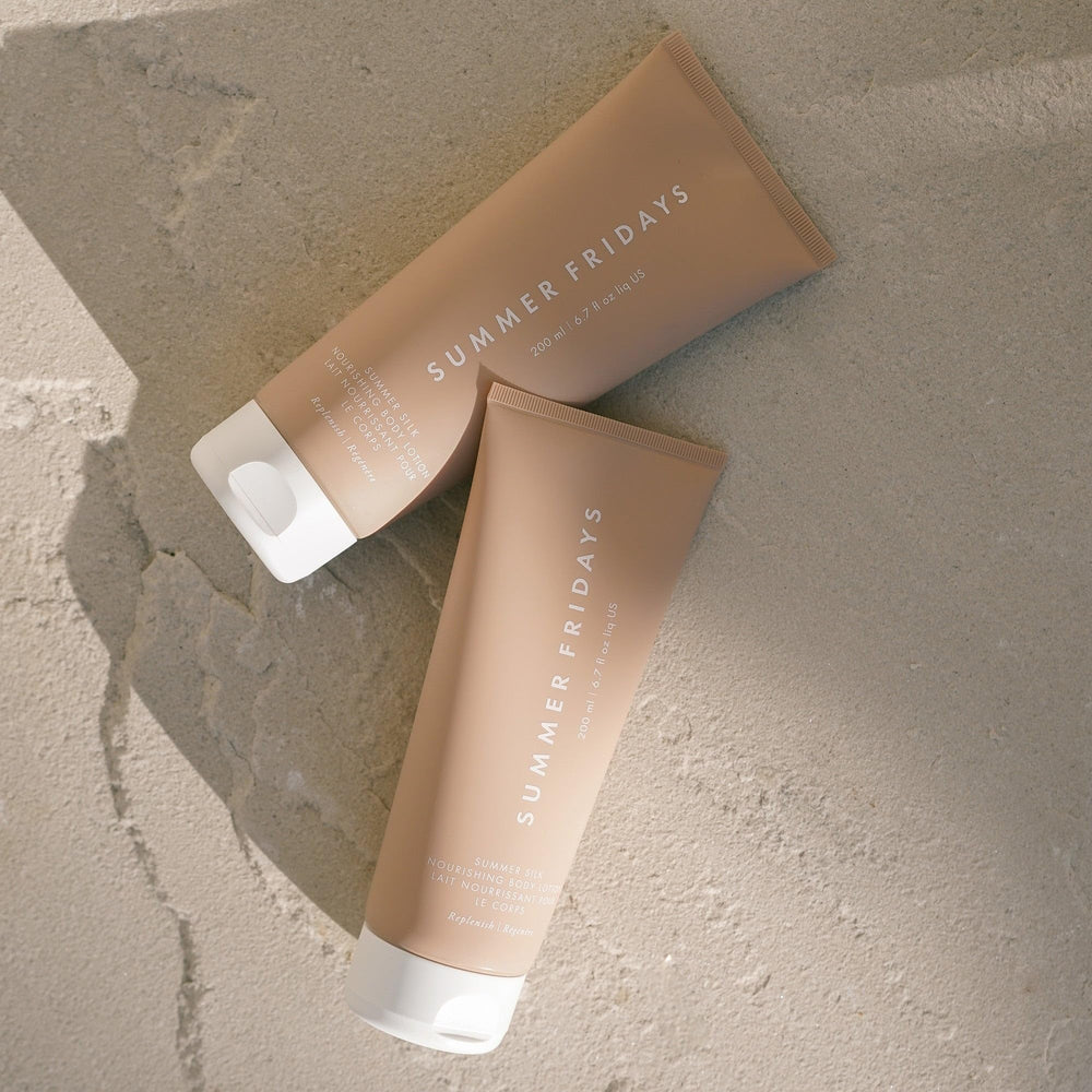 Summer Fridays Summer Silk Nourishing Body Lotion shea butter swirl on skin.
