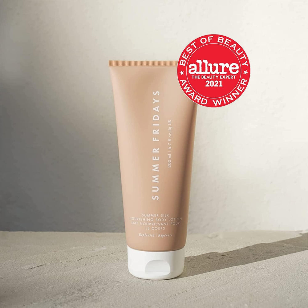 Summer Fridays Summer Silk Nourishing Body Lotion texture closeup creamy non-greasy feel.