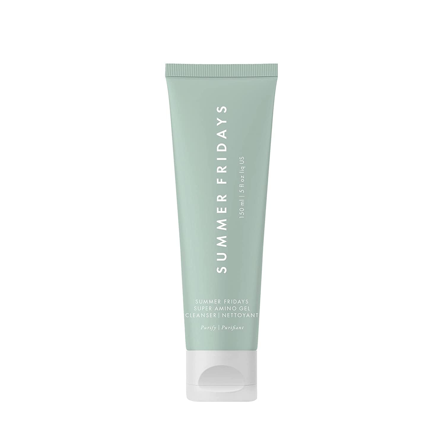 Summer Fridays Super Amino Gel Cleanser bottle close-up showing gentle hydration for all skin types
