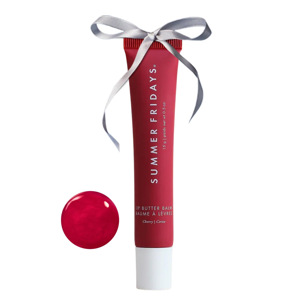 Summer Fridays Cherry lip balm application shows instant hydration.