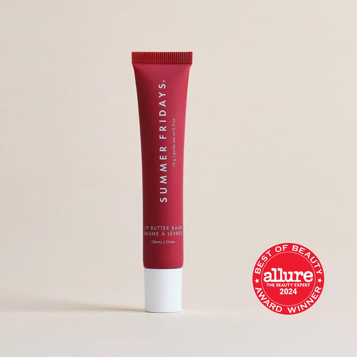 Summer Fridays Cherry on lips delivers moisture and subtle shine.