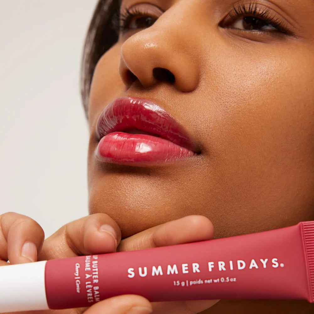 Summer Fridays Cherry packaging highlights vegan formula and clean beauty.