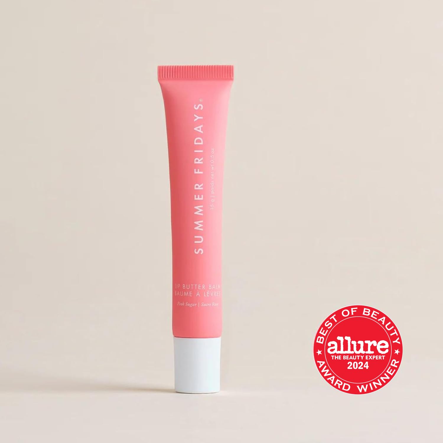 Summer Fridays Pink Sugar packaging closeup highlighting vegan formula and soft shine.