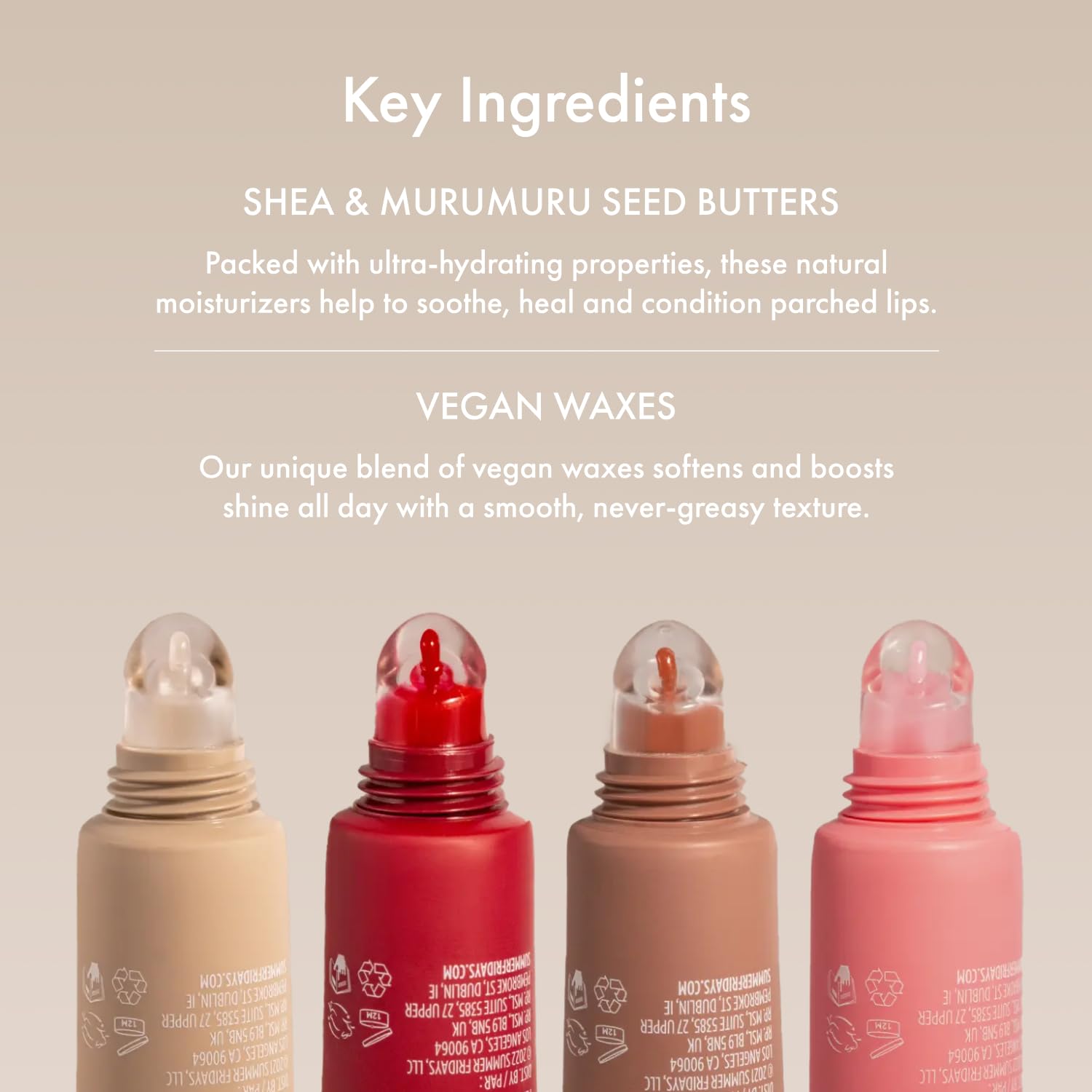 Summer Fridays tinted lip balm packaging shows sleek vegan formula visuals.