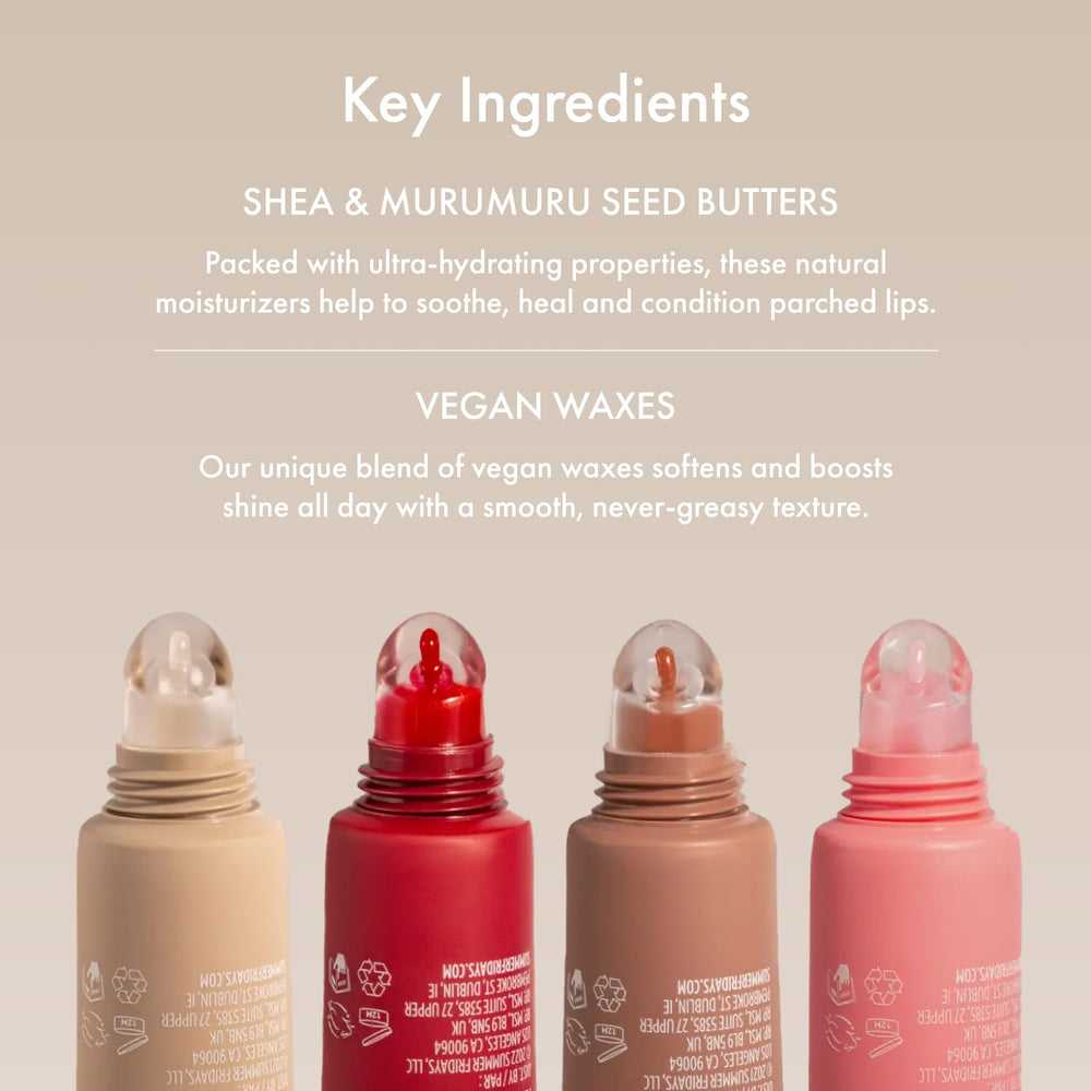 Summer Fridays tinted lip balm packaging shows sleek vegan formula visuals.