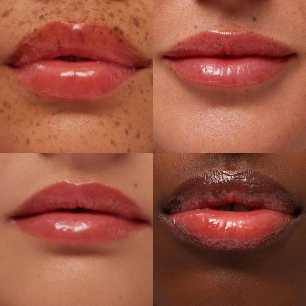 Summer Fridays Tinted Lip Butter Poppy closeup emphasizes smooth, non-greasy finish with coral glow.