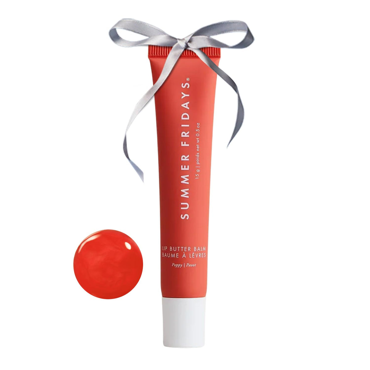 Summer Fridays Tinted Lip Butter Poppy swatches reveal sheer coral color and hydrating shine.