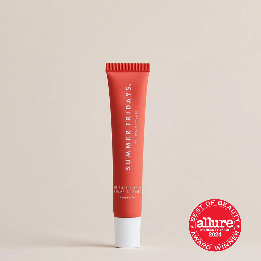 Summer Fridays Tinted Lip Butter Poppy tube shows compact, travel-friendly lip care with color.