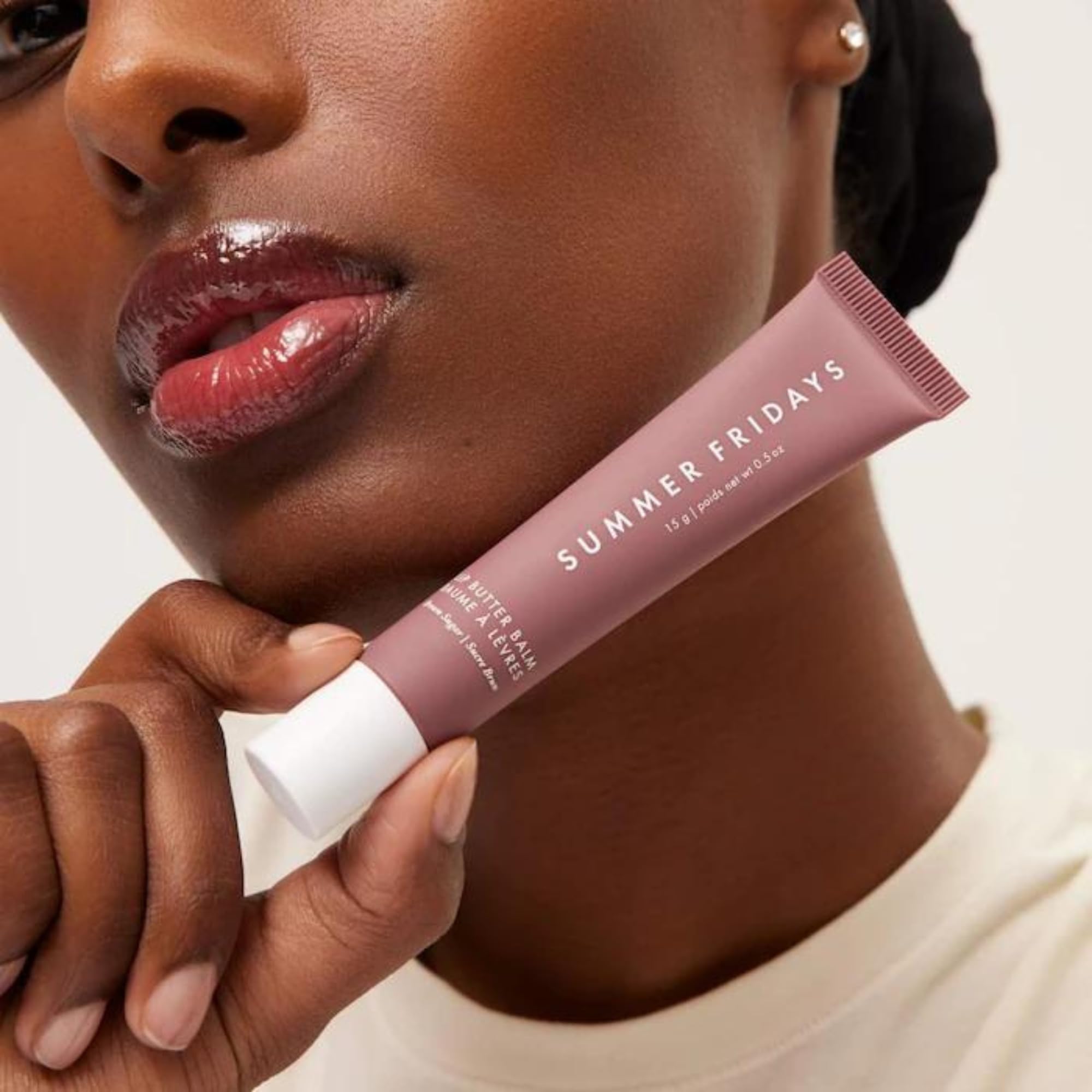 Summer Fridays lip balm packaging closeup highlighting vegan formula