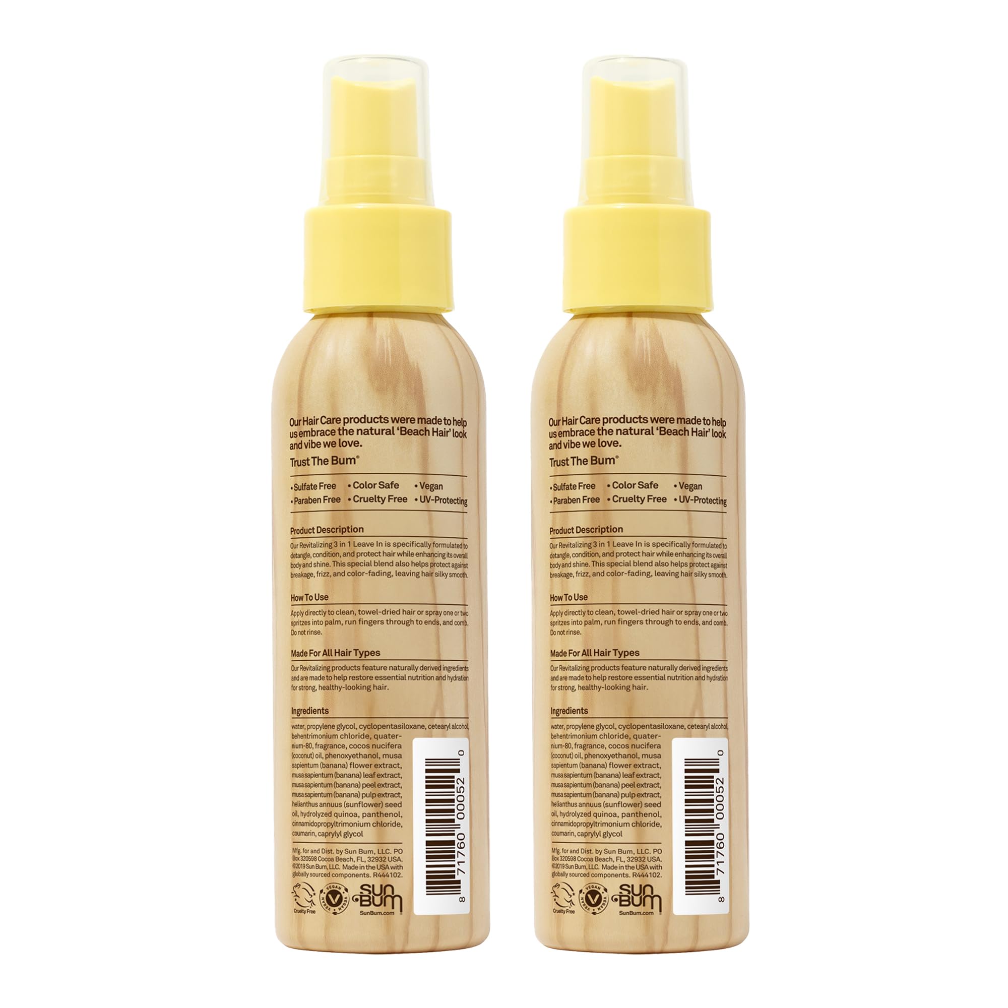 Sun Bum bottle on shelf evokes beach-ready hair and soothing scent.