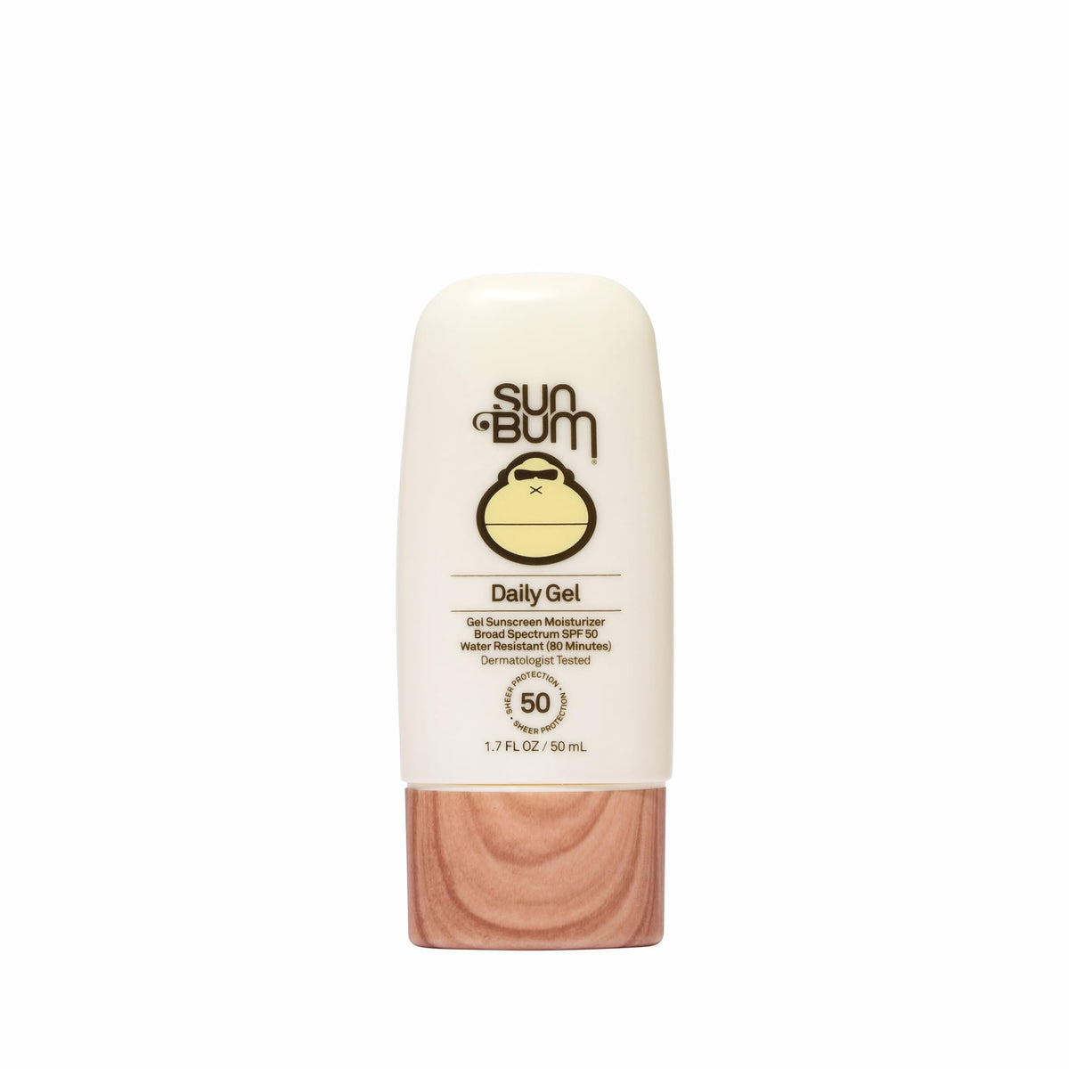Sun Bum Daily SPF 50 Face Gel bottle closeup with clear matte finish protection