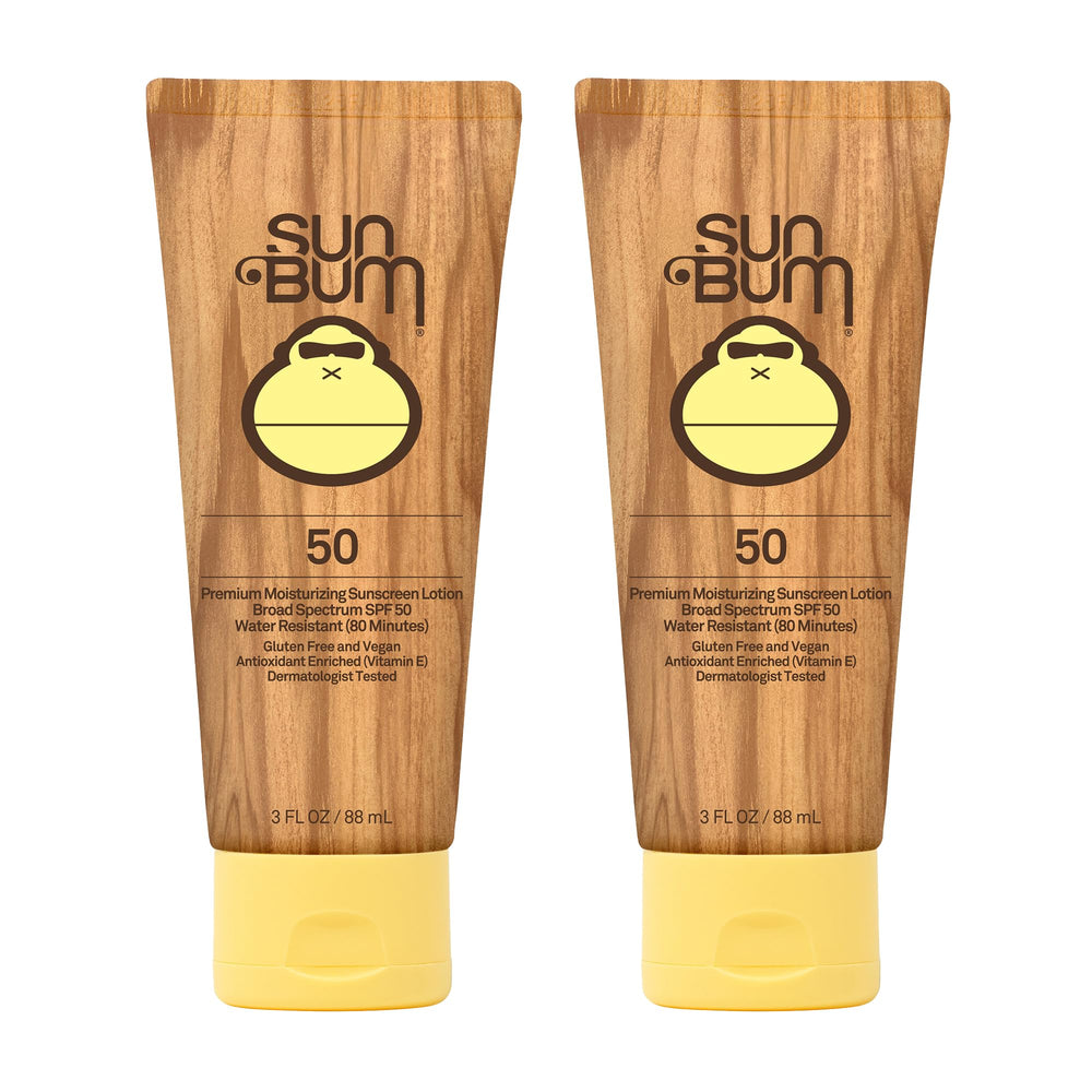 Sun Bum Original SPF 50 sunscreen lotion front view showing vegan, UVA/UVB protection.