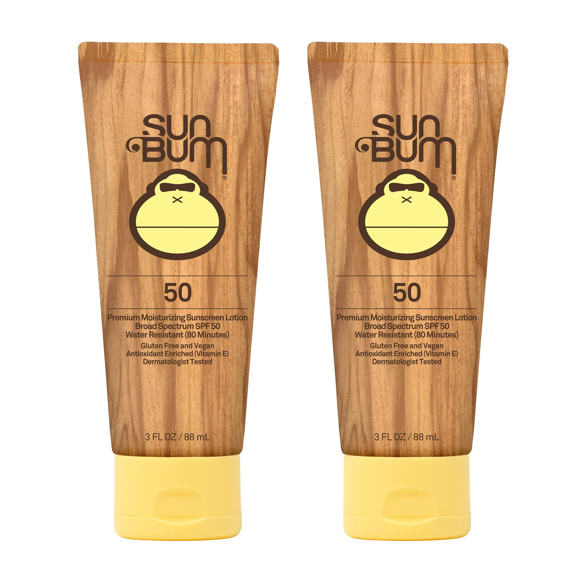 Sun Bum Original SPF 50 sunscreen lotion front view showing vegan, UVA/UVB protection.