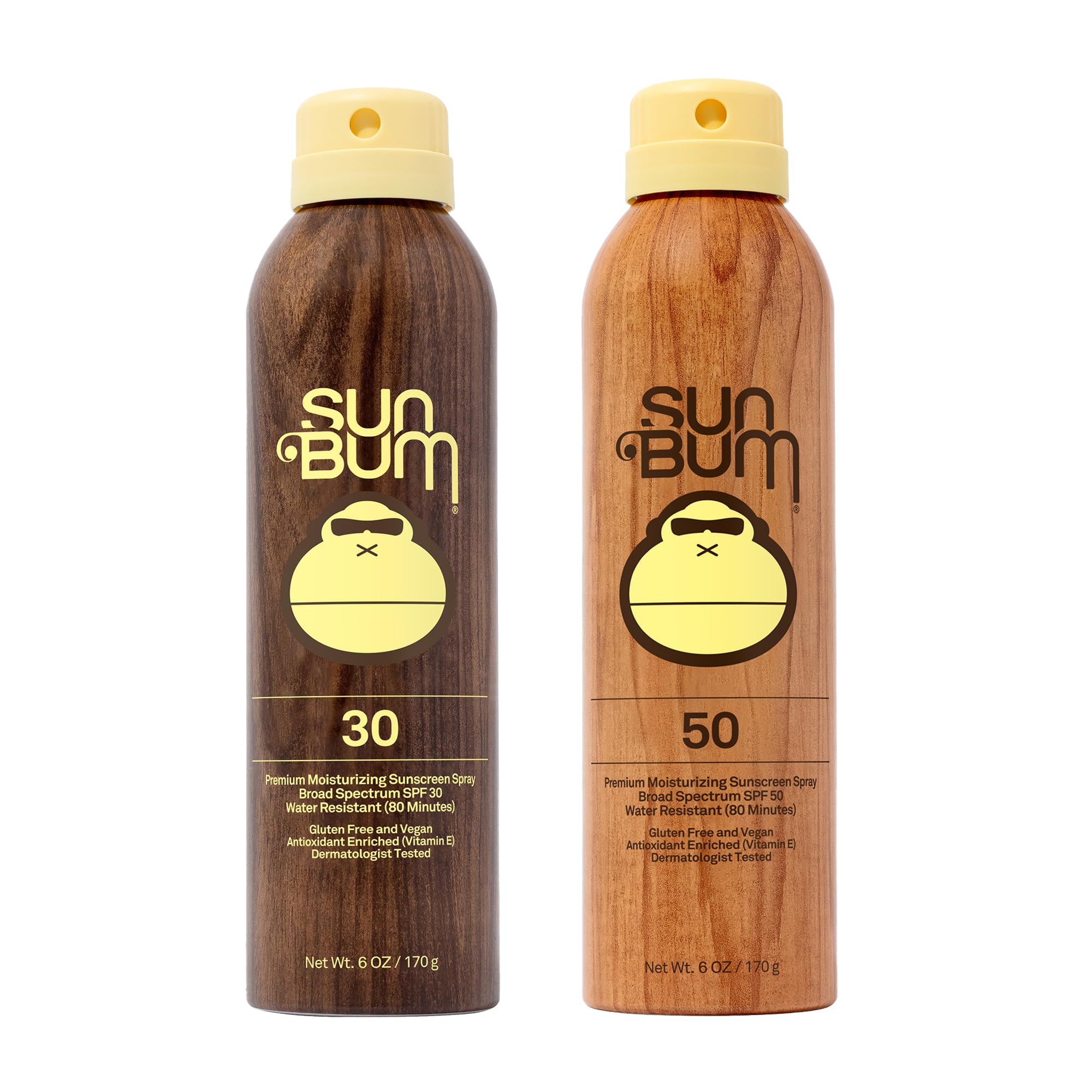 Sun Bum Original SPF30/50 sunscreen spray pack front showcases vegan formula and broad-spectrum protection.