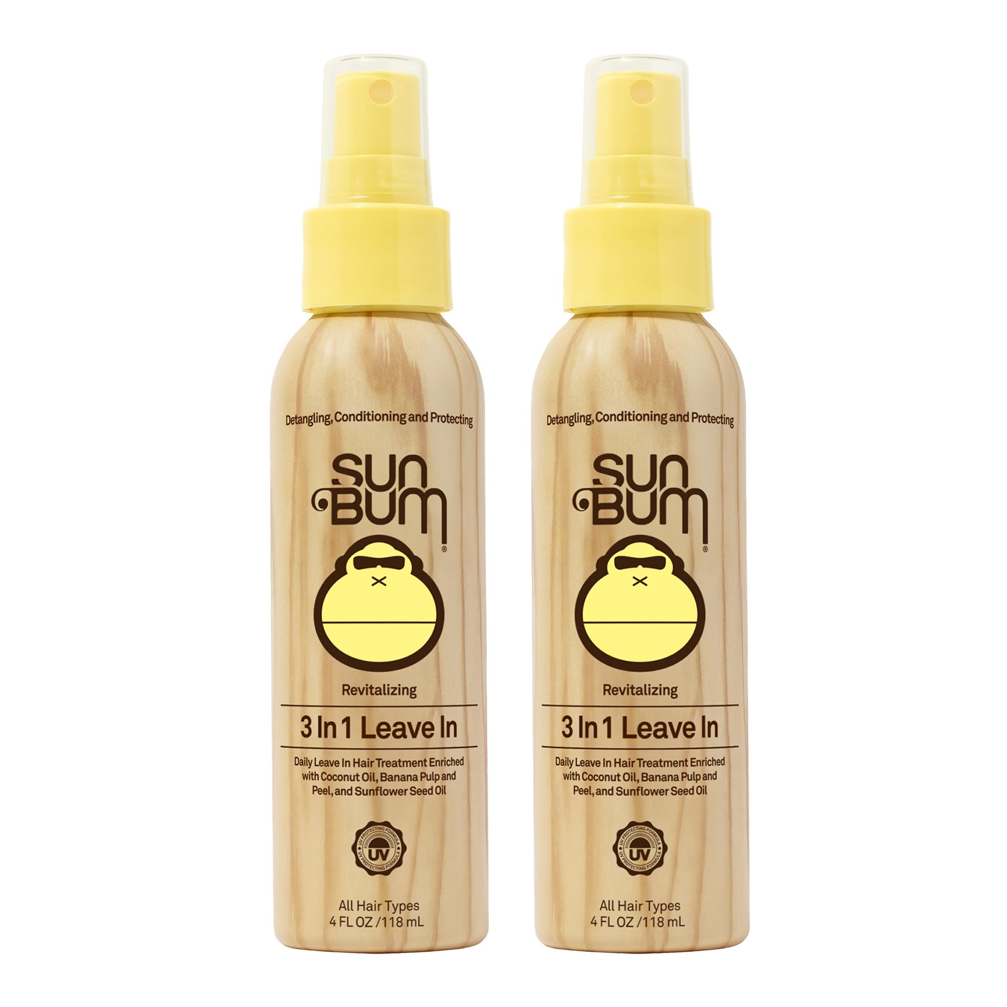 Sun Bum Revitalizing Detangler bottle-front shows vegan, cruelty-free detangler for silky hair.