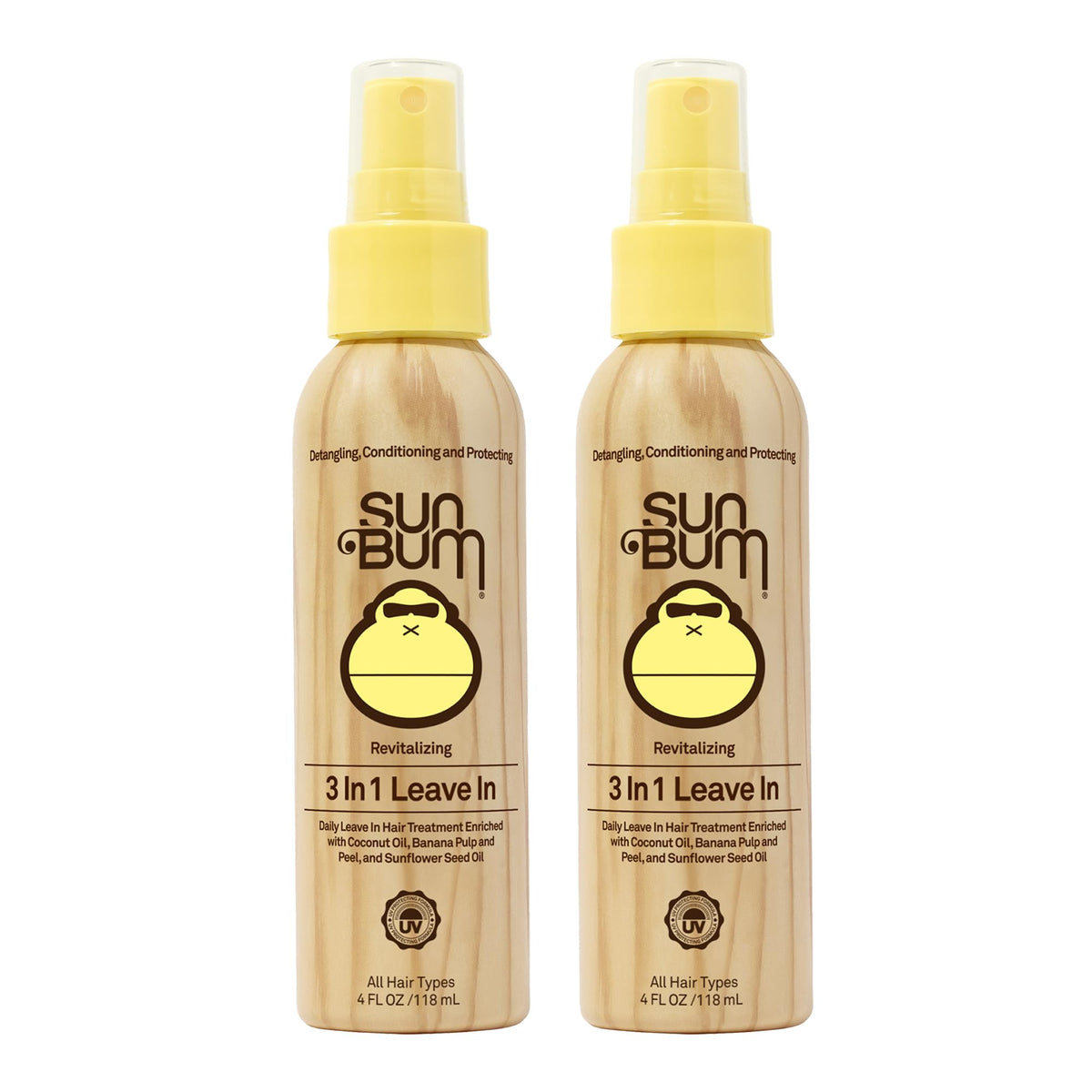 Sun Bum Revitalizing Detangler bottle-front shows vegan, cruelty-free detangler for silky hair.