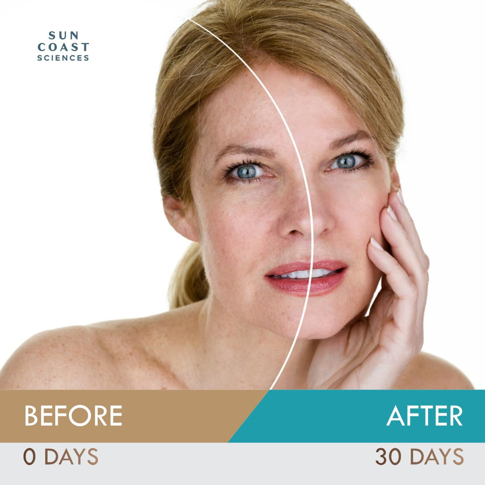 Sun Coast Sciences before-after visual suggests improved tone without heaviness or greasy residue.