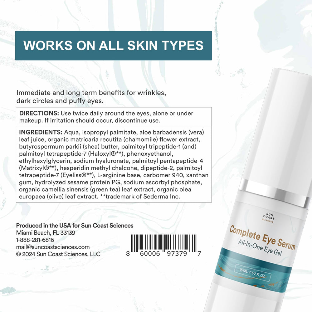Sun Coast Sciences Complete Eye Serum doctor-recommendation note signals trusted skincare