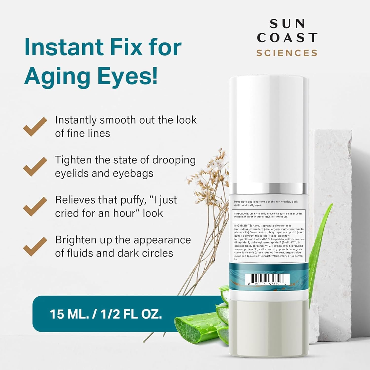 Sun Coast Sciences Complete Eye Serum ingredients display antioxidant-rich formula