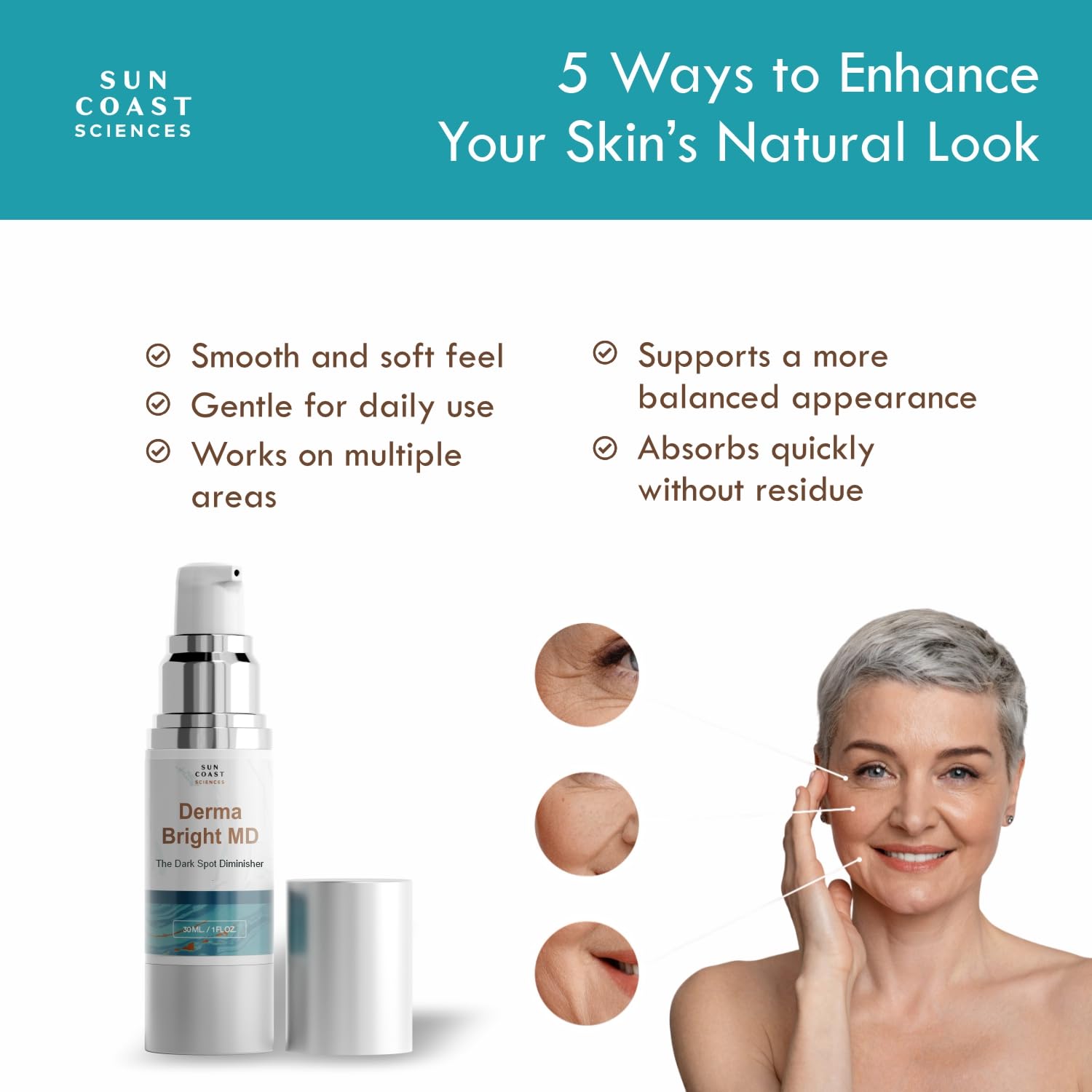 Sun Coast Sciences Dark-spot serum closeup highlights lightweight glide-on texture for daily use.