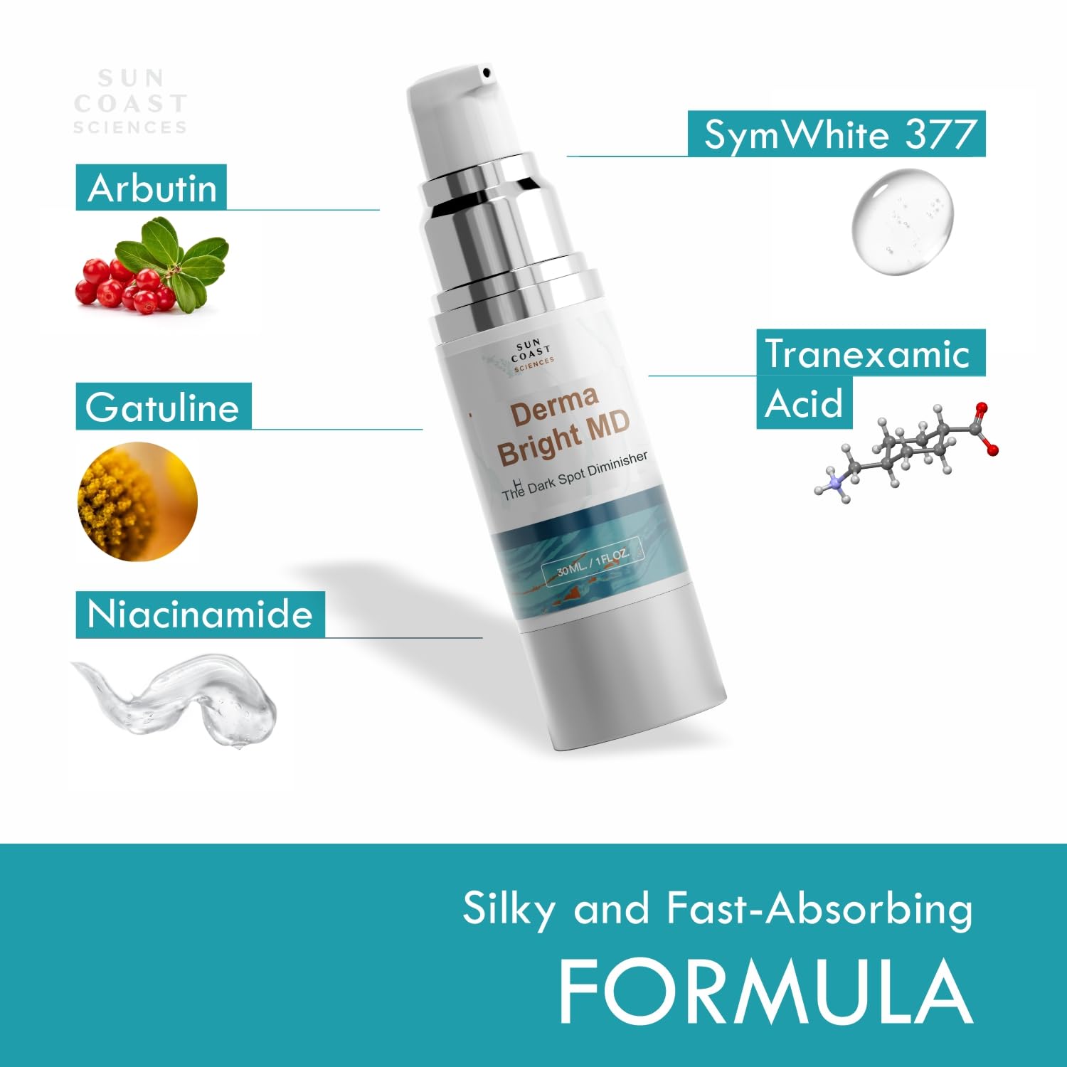 Sun Coast Sciences packaging box clearly communicates DermaBright MD claims and product integrity.