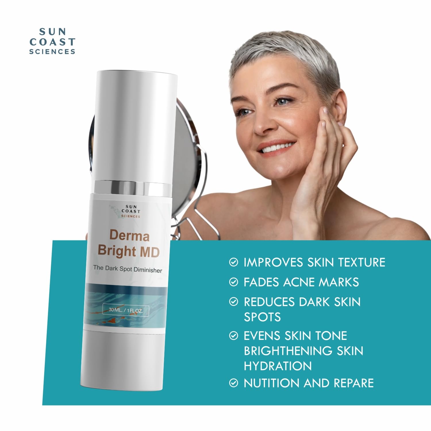 Sun Coast Sciences face application graphic demonstrates even-toned glow with consistent use.
