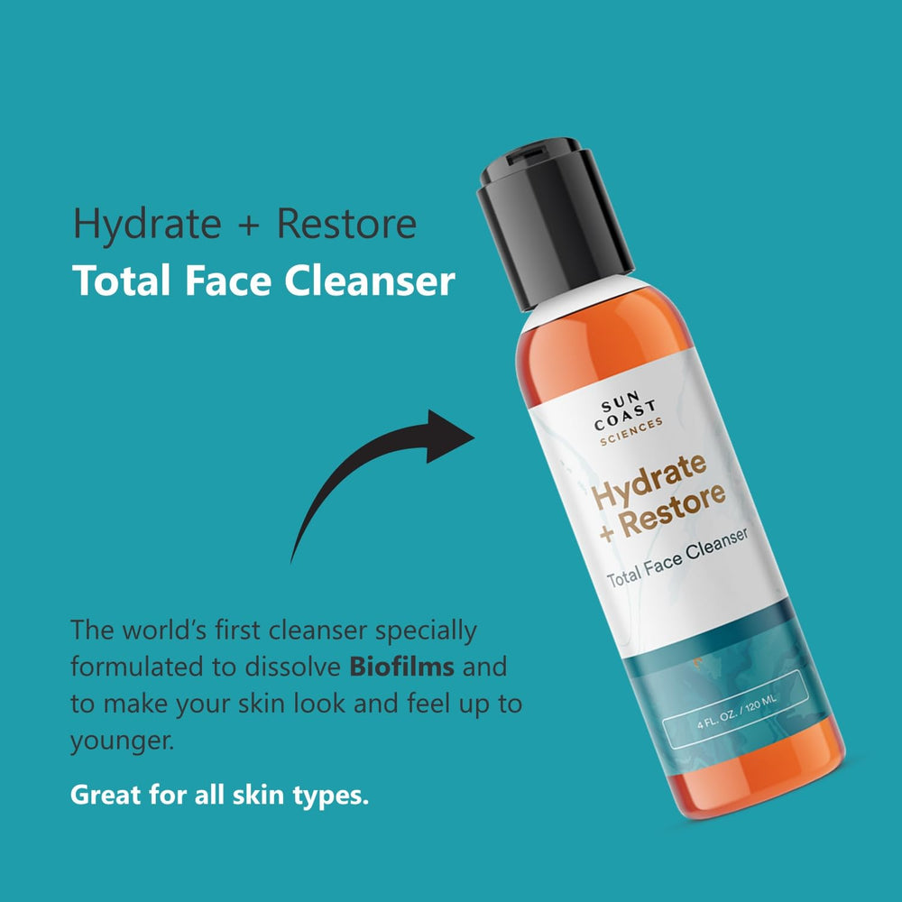 SUN COAST SCIENCES Hydrate Restore cream-to-foam application illustrates gentle daily cleansing.