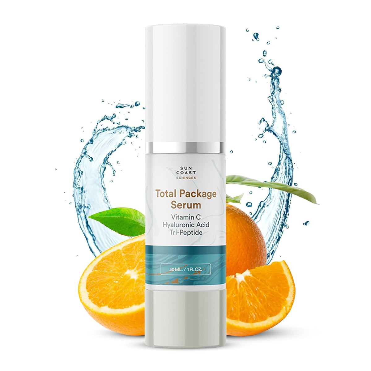 Sun Coast Sciences Total Package Serum bottle close-up, premium packaging for daily anti-aging care.