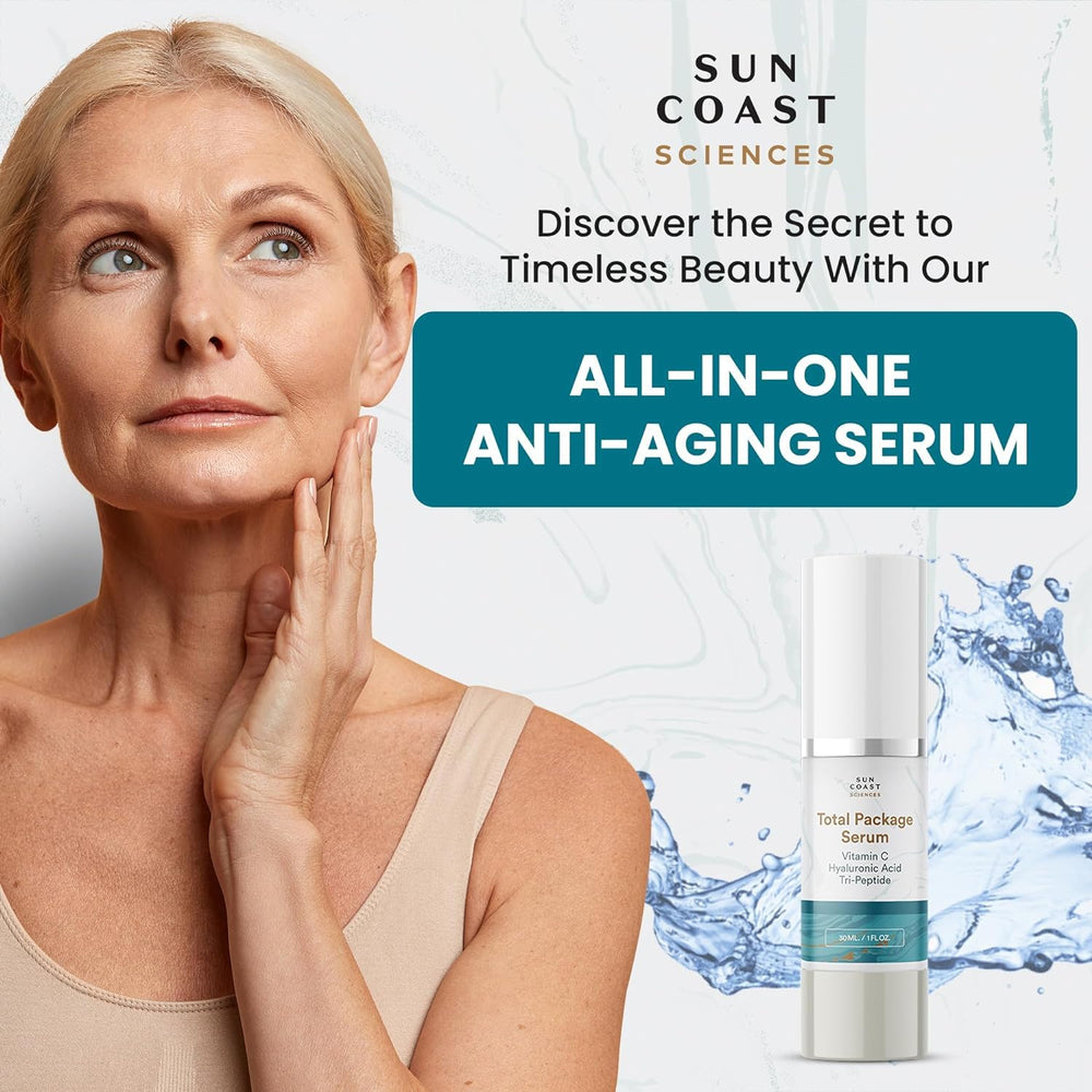 Sun Coast Sciences Total Package Serum dropper application enables precise, gentle dosing for morning and night care.