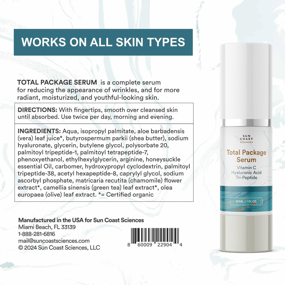Sun Coast Sciences Total Package Serum drops closeup demonstrates silky texture.