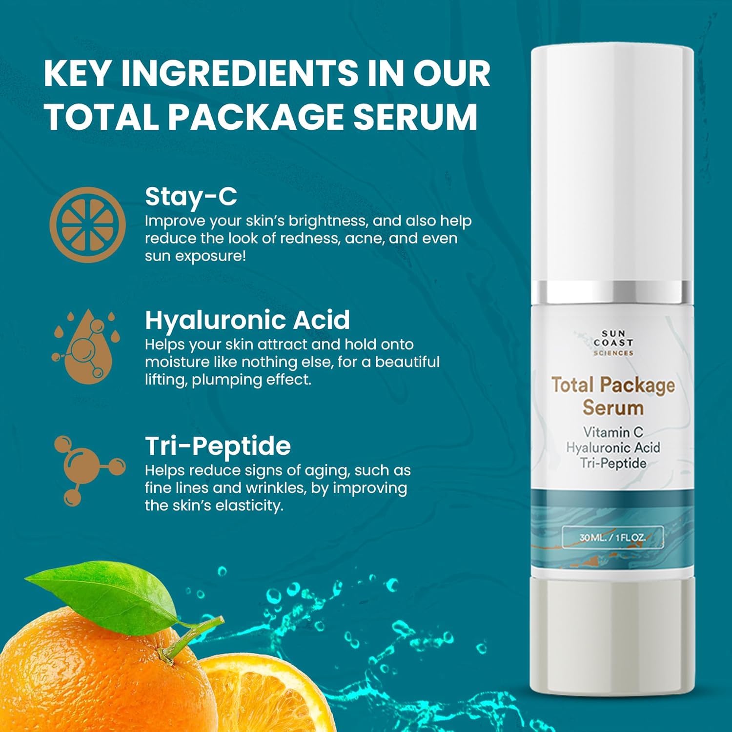 Sun Coast Sciences Total Package Serum packaging notes USA-made, vegan, cruelty-free formula.