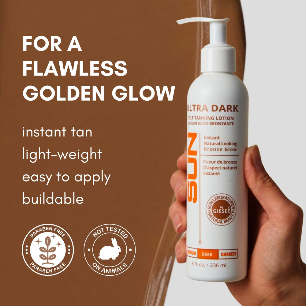 Sun Laboratories by Giesee face tanning lotion close-up showing even facial tone