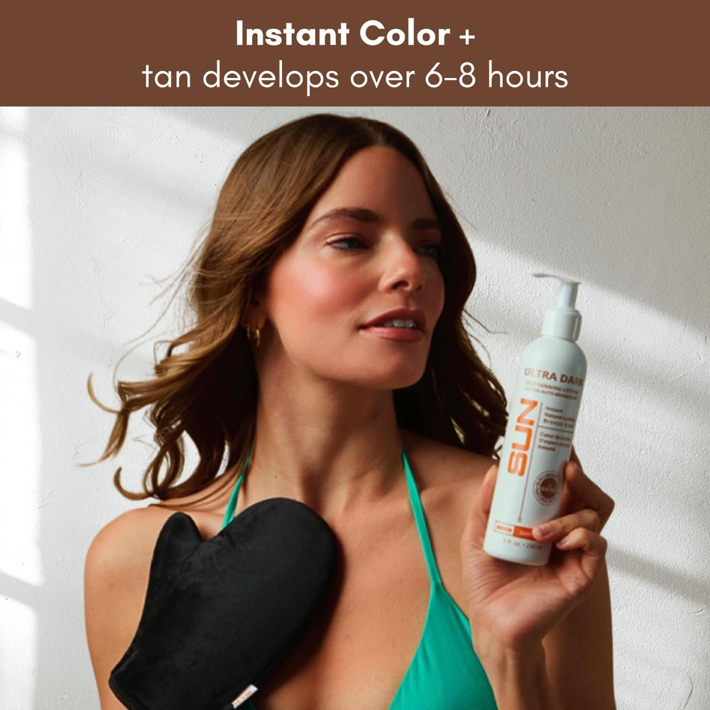 Sun Laboratories by Giesee ultra dark shade on arm demonstrates rich, sunless color payoff