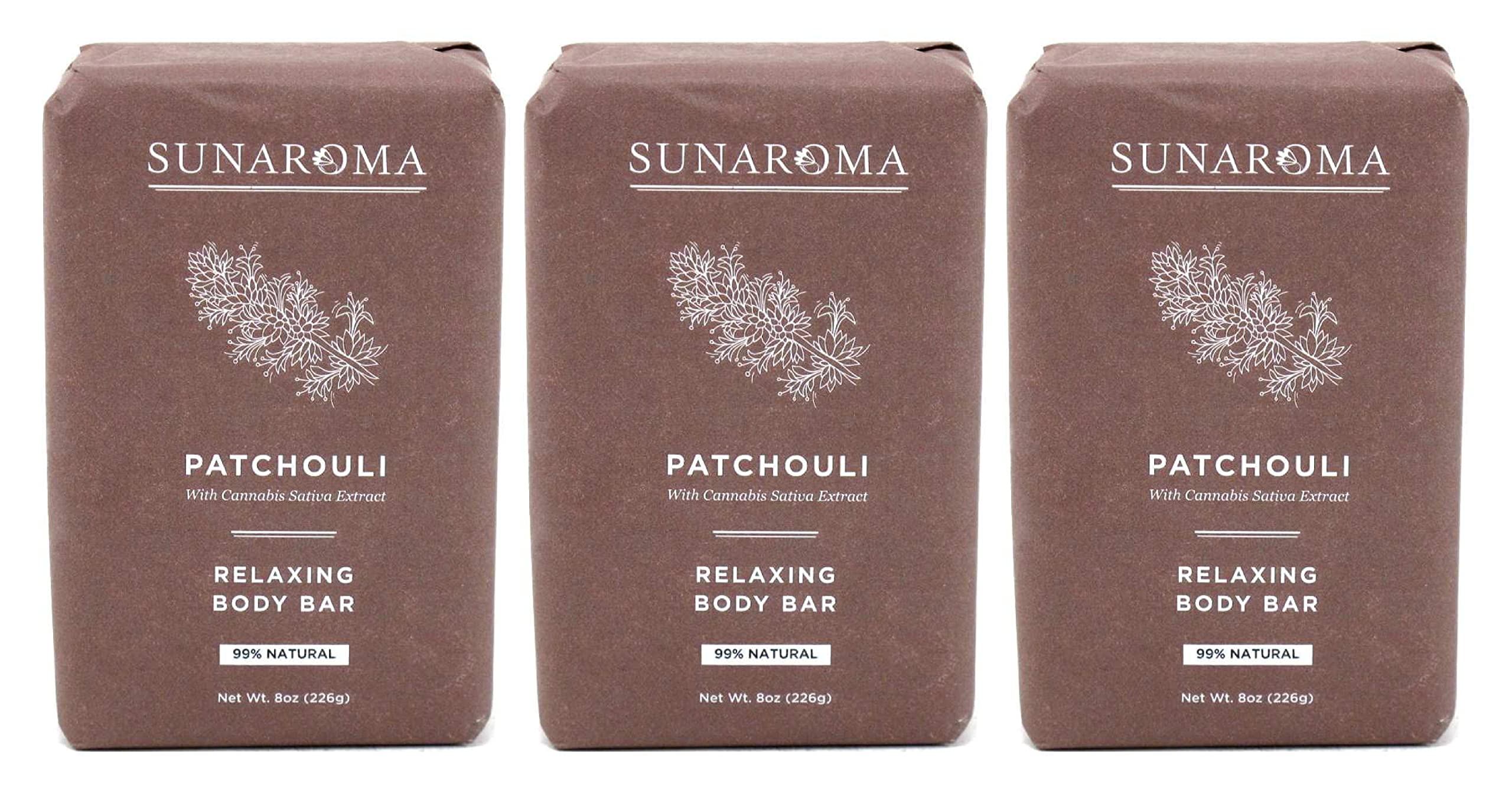 Sunaroma Patchouli Soap Bar closeup highlighting natural ingredients for relaxation and skin care