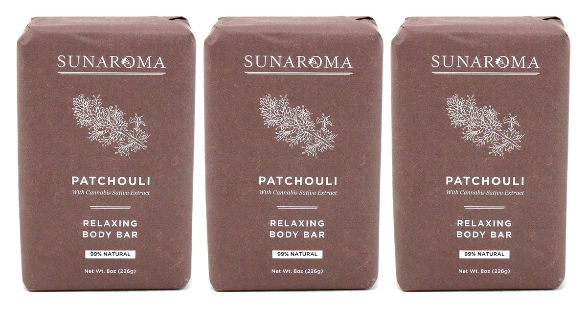 Sunaroma Patchouli Soap Bar closeup highlighting natural ingredients for relaxation and skin care