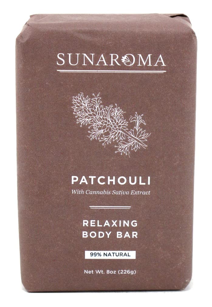 Sunaroma Patchouli Soap Bar packaging emphasizes 3-pack value and clean ingredients