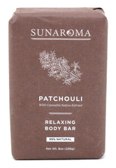 Sunaroma Patchouli Soap Bar packaging emphasizes 3-pack value and clean ingredients