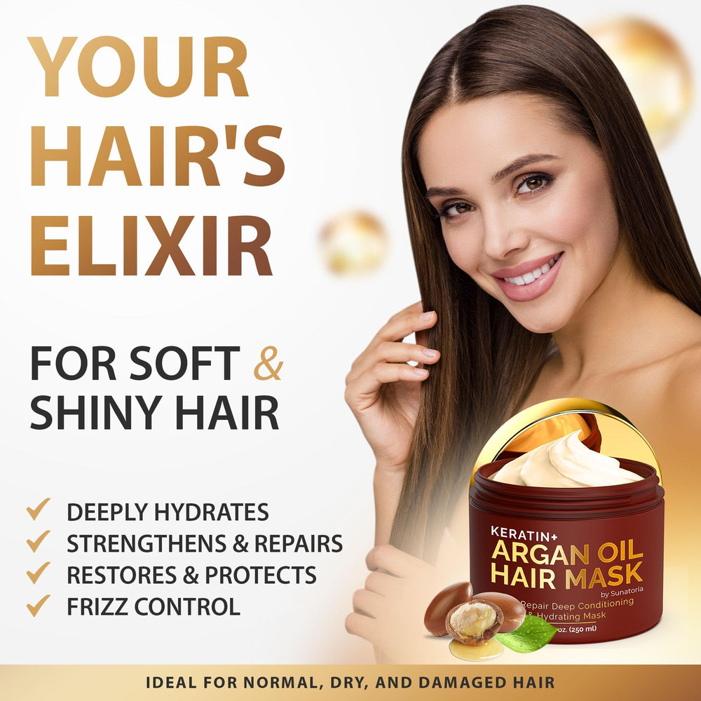 SUNATORIA Hair Mask application on hands showing creamy texture for frizz control.