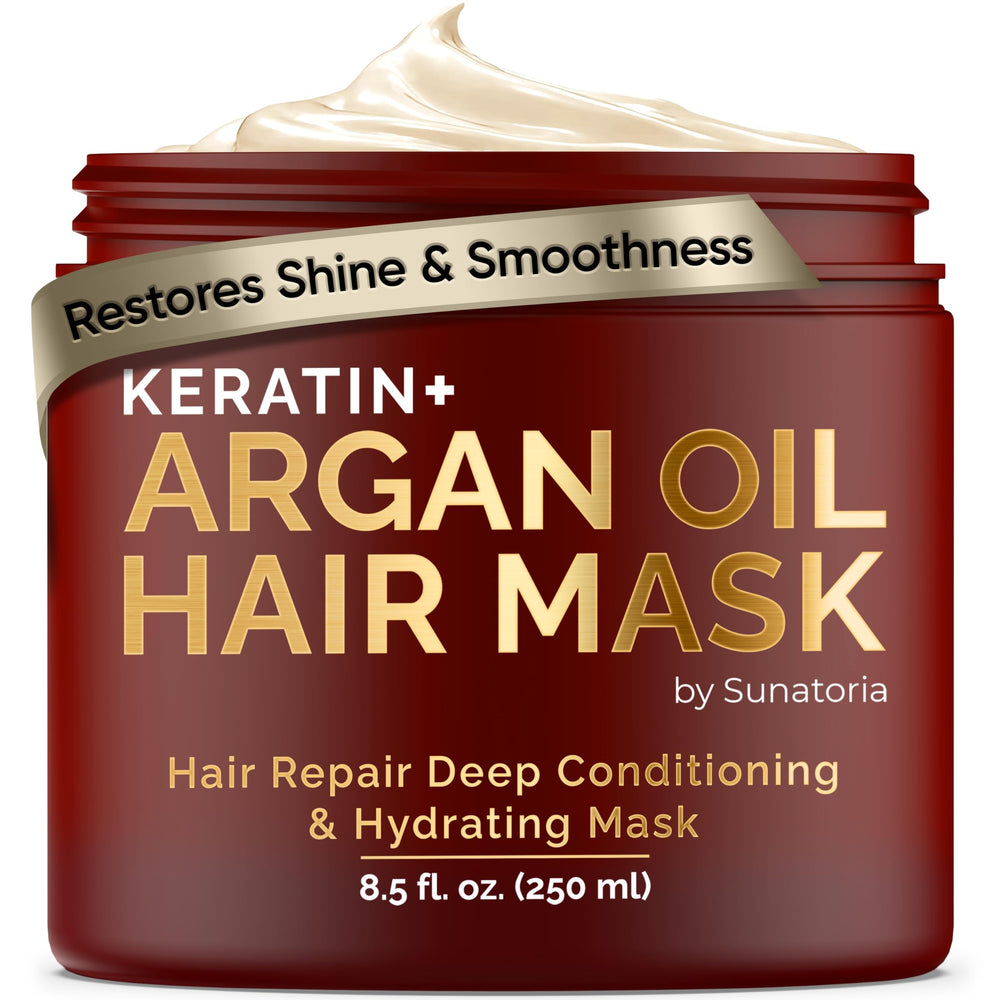 SUNATORIA Hair Mask jar close-up highlighting argan oil for hydrated hair.