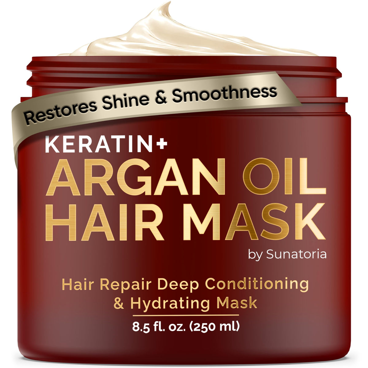 SUNATORIA Hair Mask jar close-up highlighting argan oil for hydrated hair.