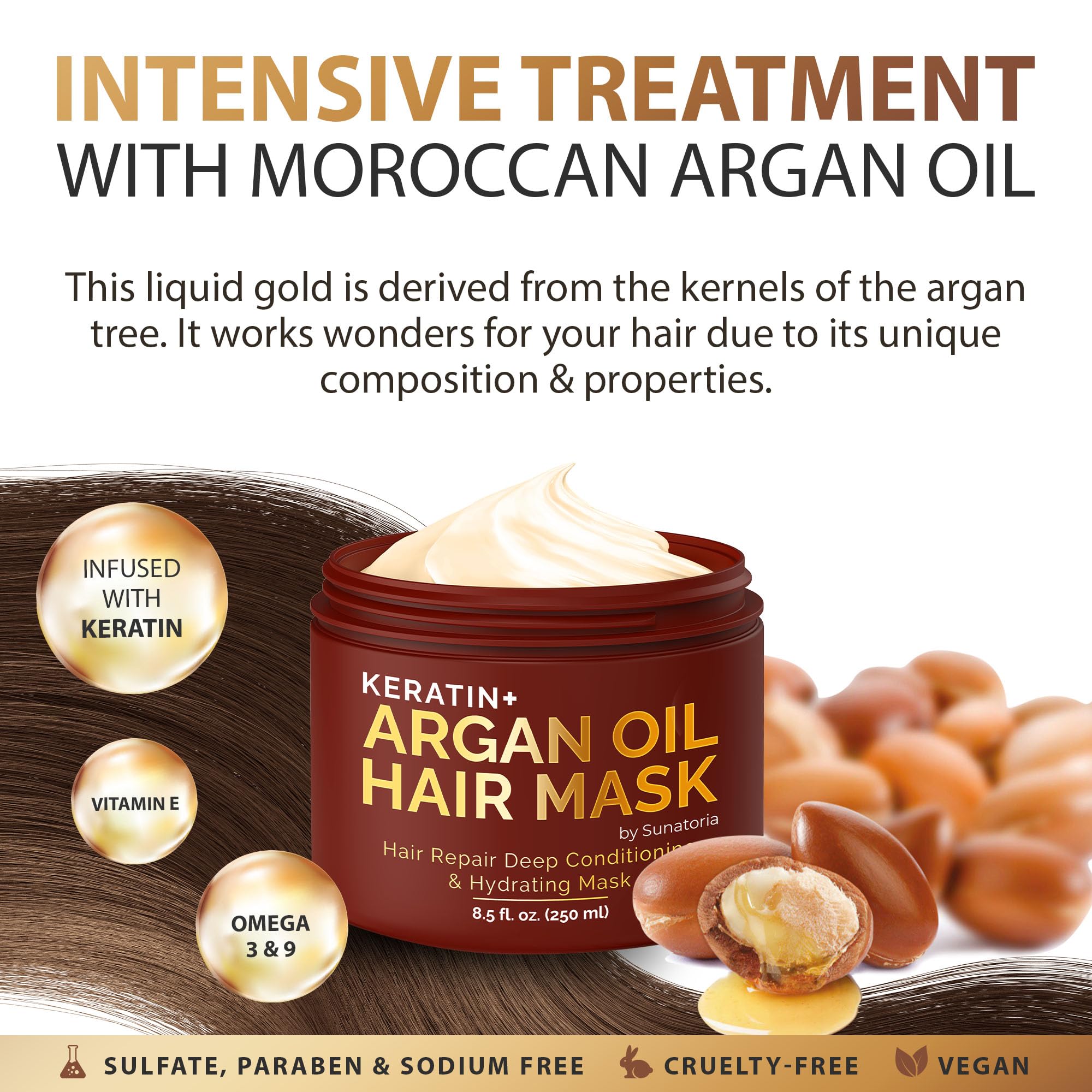 SUNATORIA Hair Mask tube on shelf emphasizing vegan formula and breakage prevention.