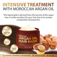 SUNATORIA Hair Mask tube on shelf emphasizing vegan formula and breakage prevention.