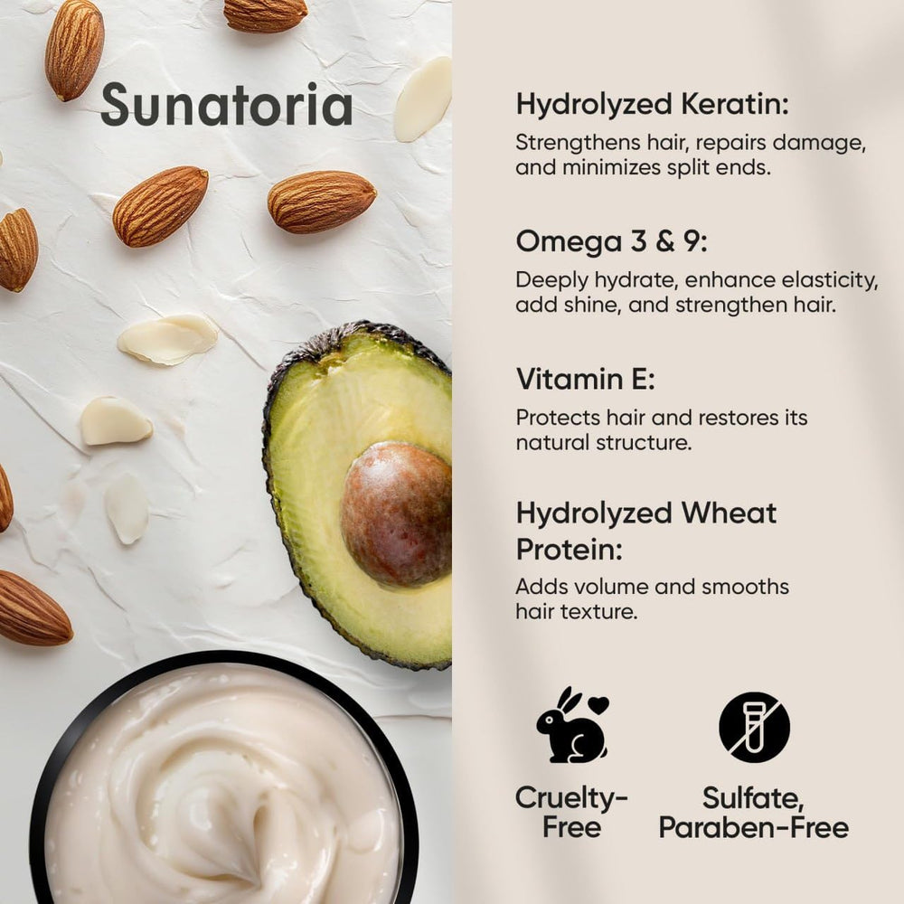 Sunatoria Keratin Hair Mask applied to hair strands reveals enhanced moisture and shine.