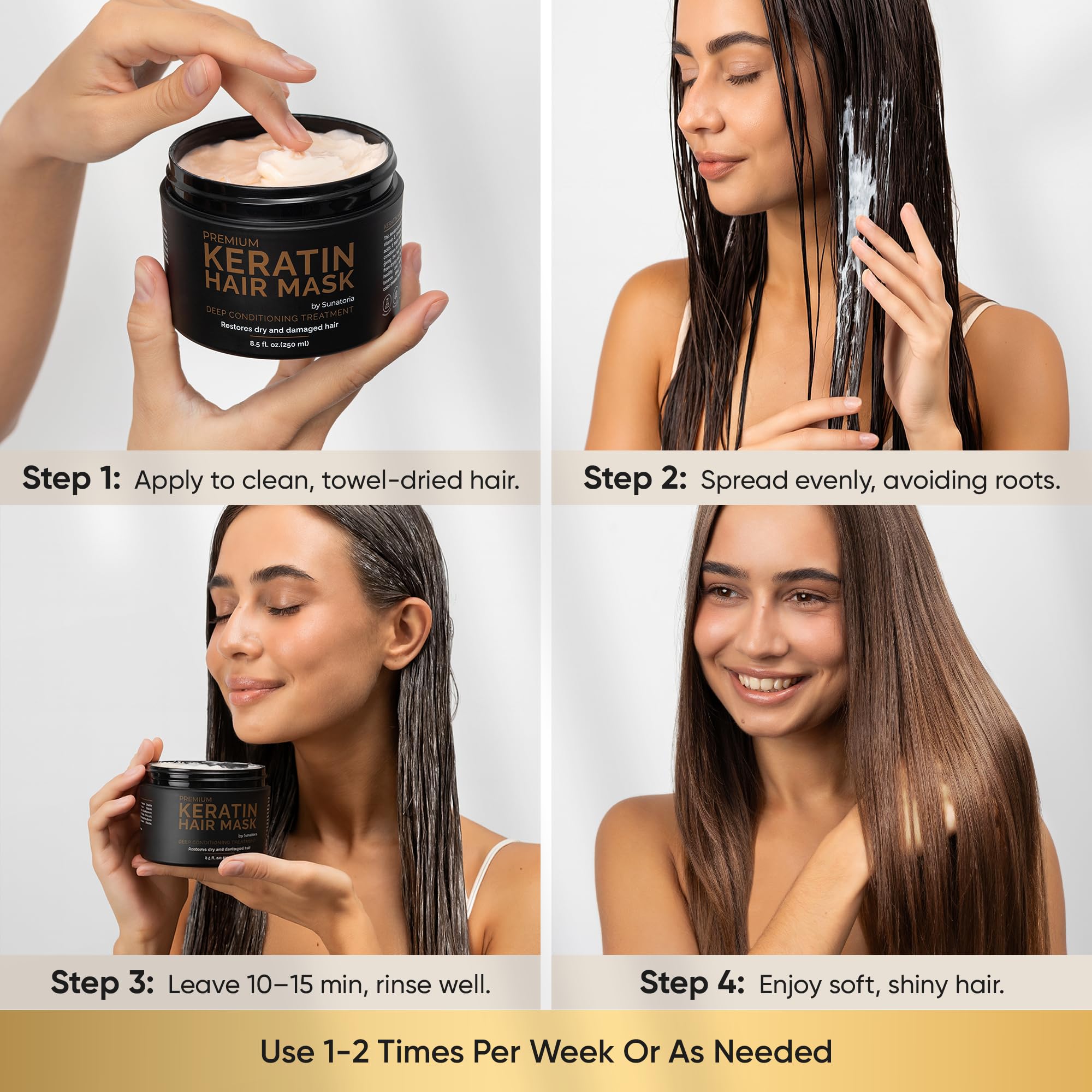 Sunatoria Keratin Hair Mask ingredients panel highlights keratin and vitamins for nourishing conditioning.
