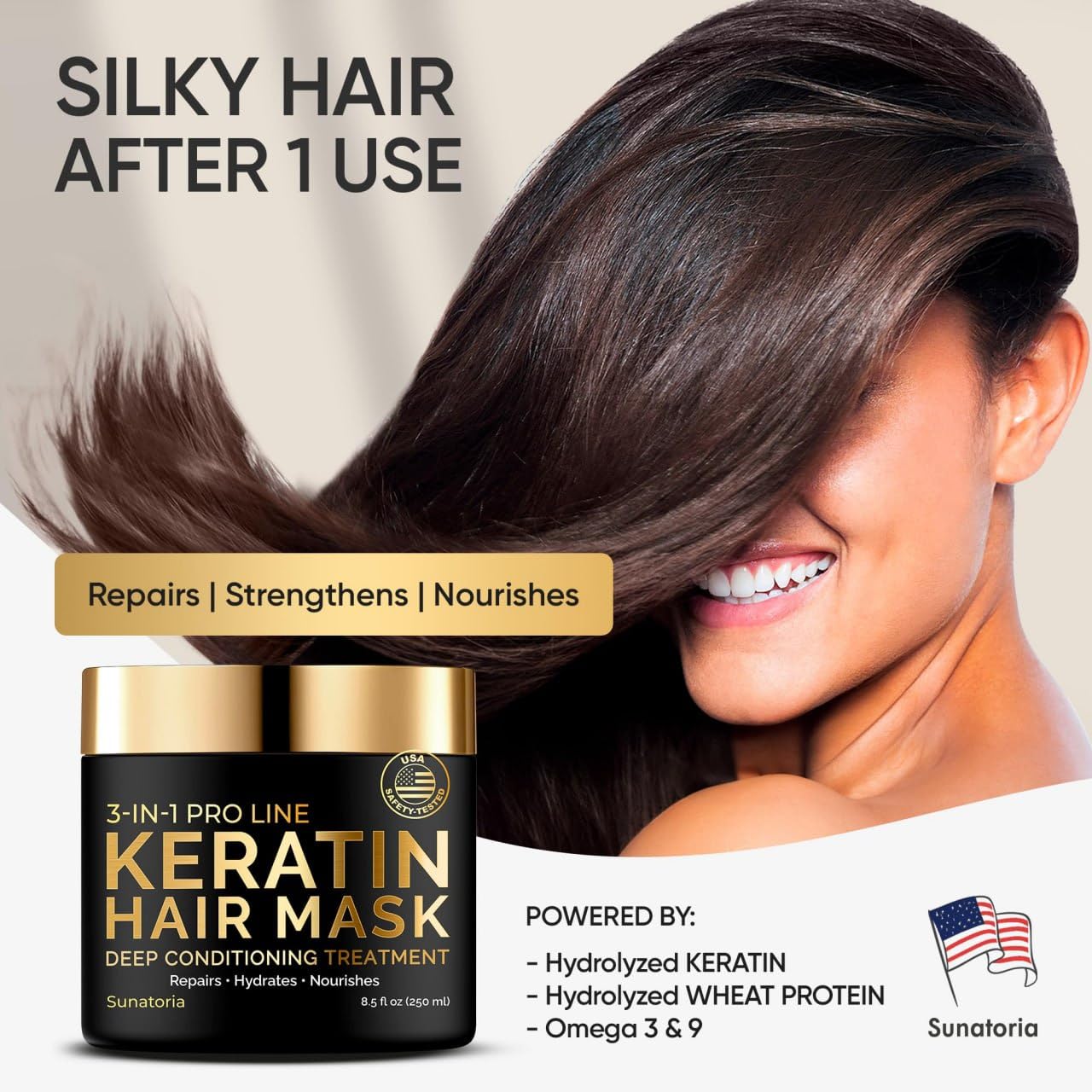 Sunatoria Keratin Hair Mask jar closeup showing creamy formula for deep conditioning.