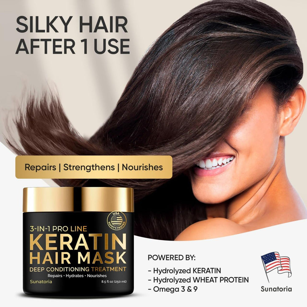 Sunatoria Keratin Hair Mask jar closeup showing creamy formula for deep conditioning.