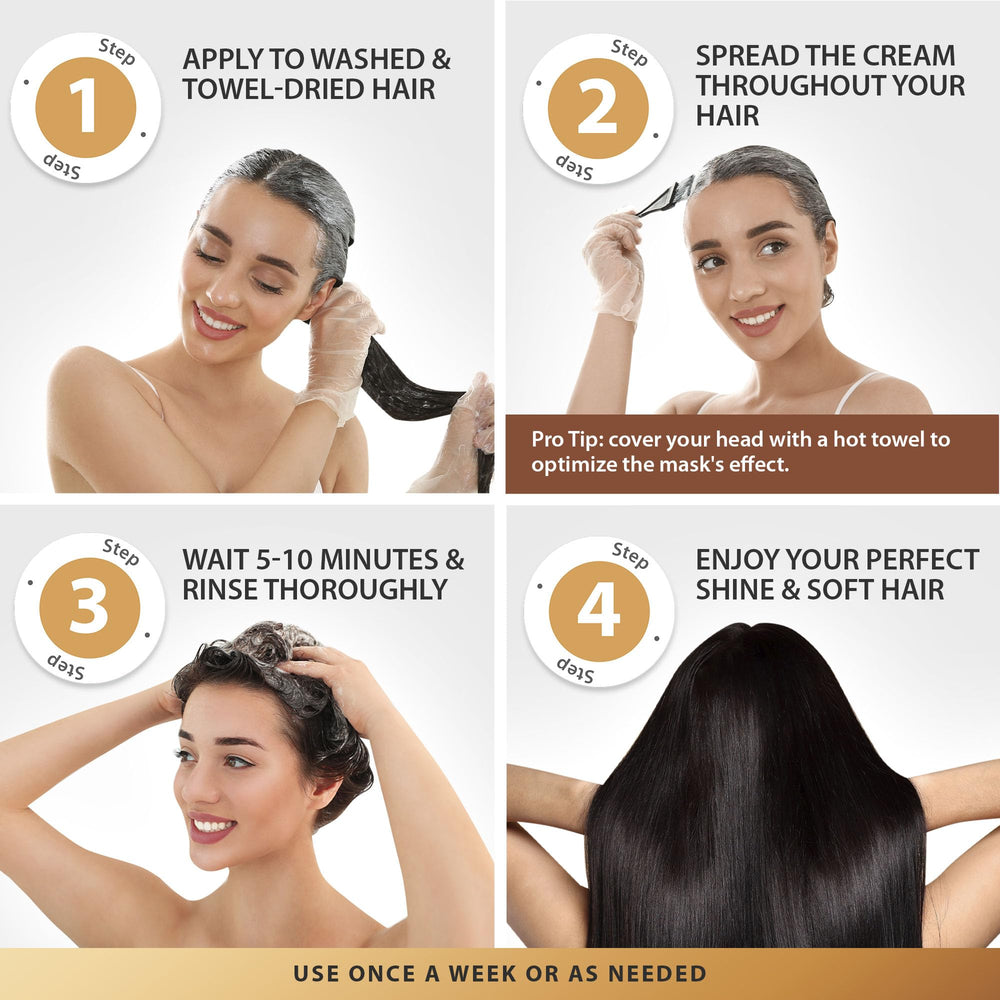 SUNATORIA Keratin and Argan mask on damp hair for shine and strength.